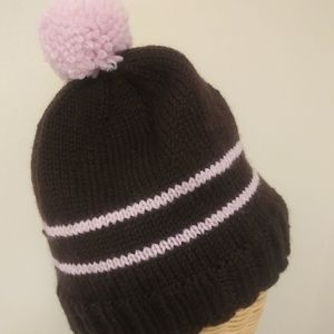 Knit Wool Hat, Dark Brown with Pink Stripes, Pompom (Hand Knit)